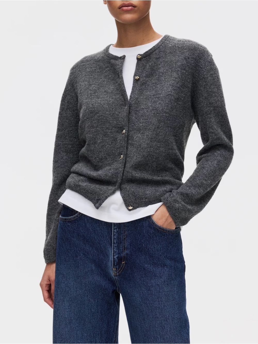 Bloomingdale's Charcoal Button-Front Crewneck Cardigani